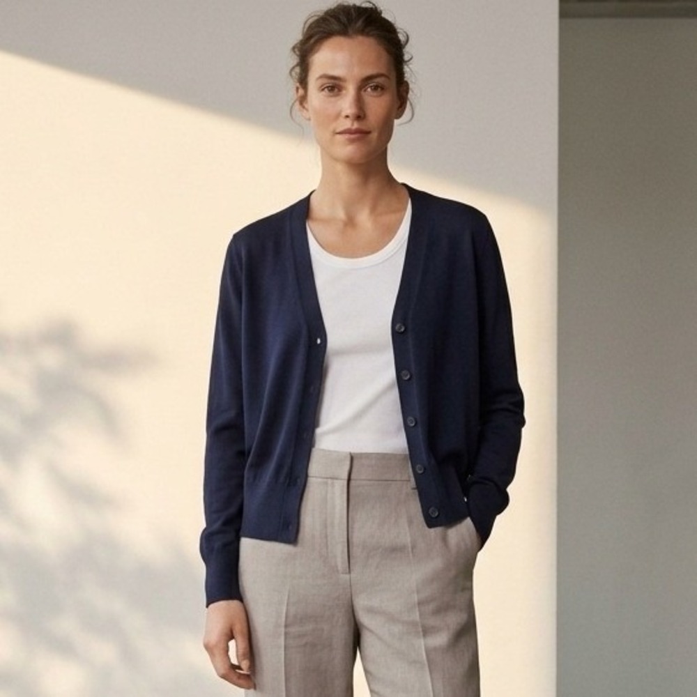 COS Cardigan Women Large Navy Blue Wool Lyocell V-Neck Button Down Minimalist